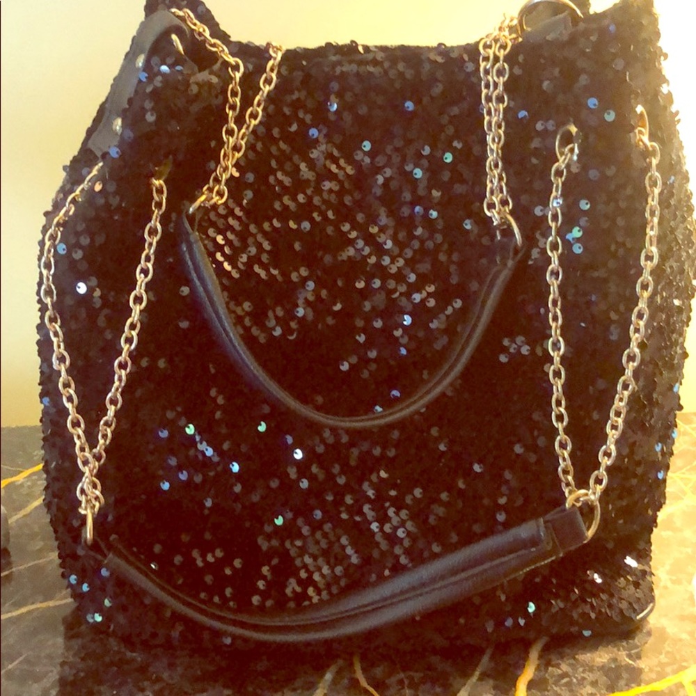 Black Sequined Handbag w/ gold accents